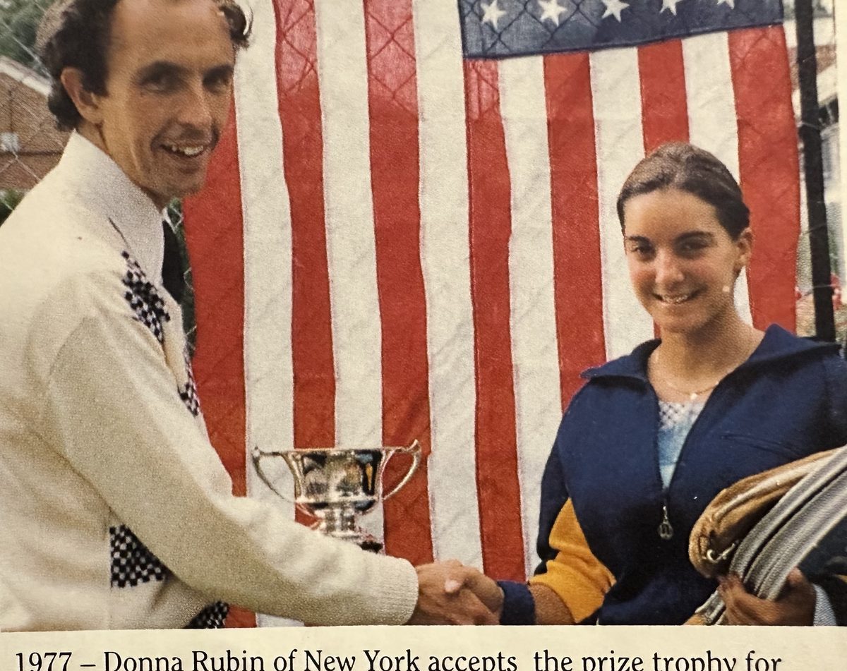 Donna Rubin accepting the winner's trophy at Winchester, England, 1977